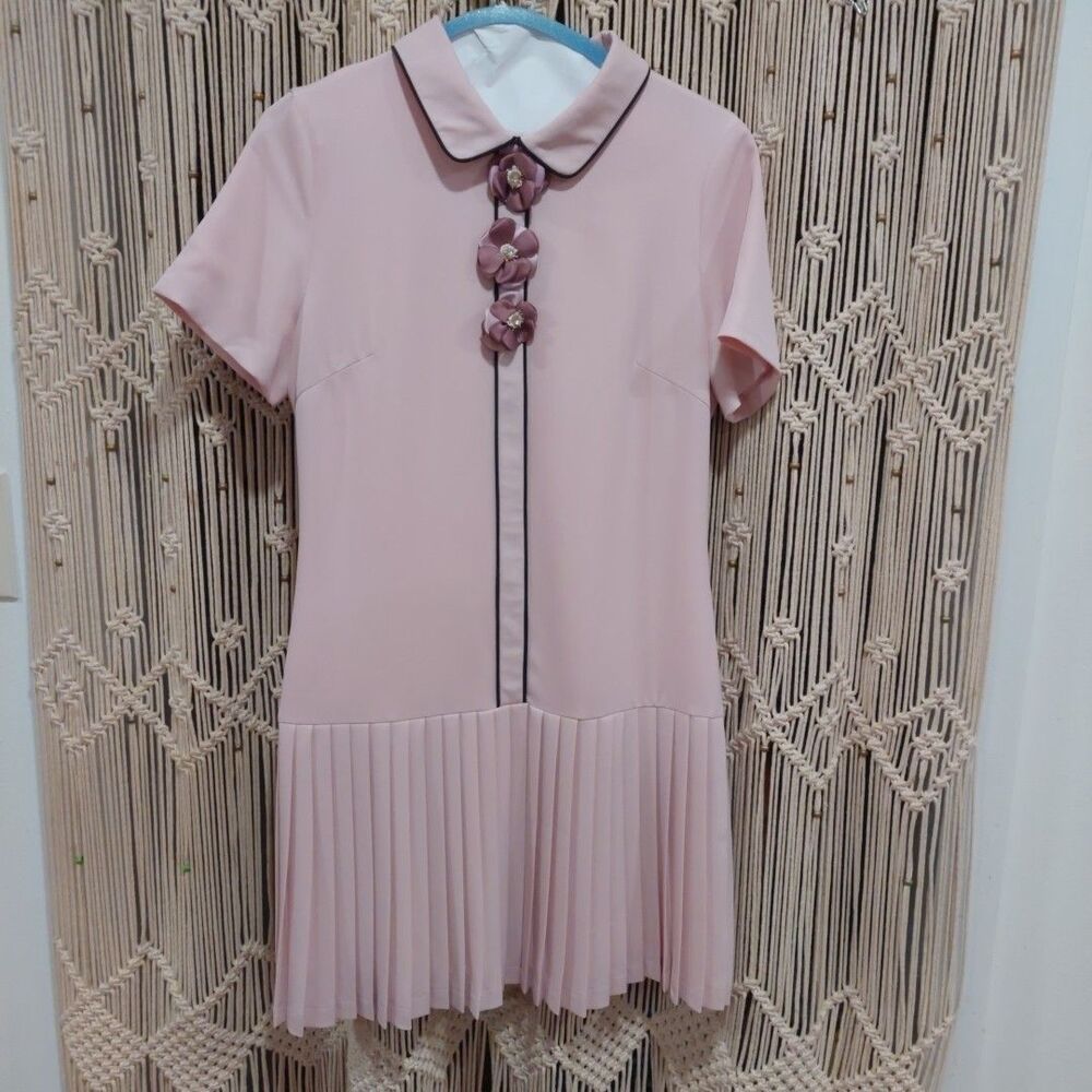 Women's Pink Drop-Waist Pleated-Skirt Collared Mini Dress Shirt Sleeves Size L